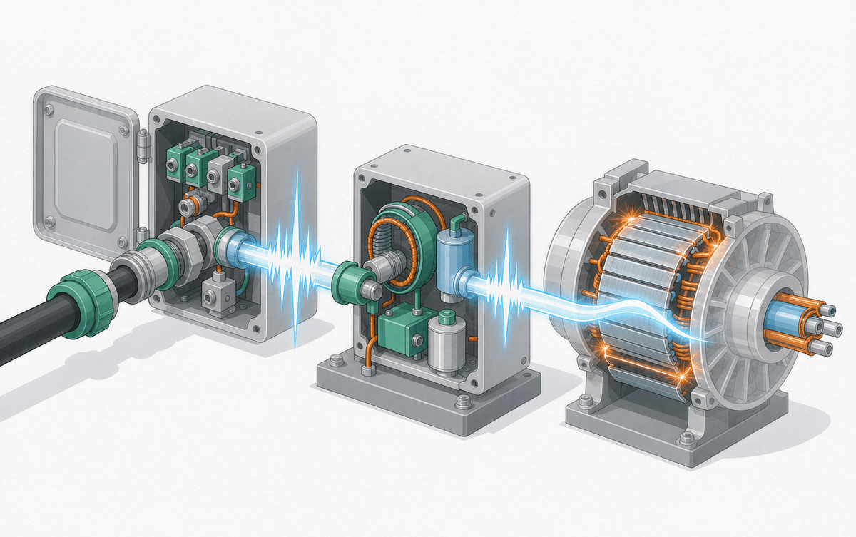 A steep voltage edge stressing motor winding insulation, smoothed by an output filter