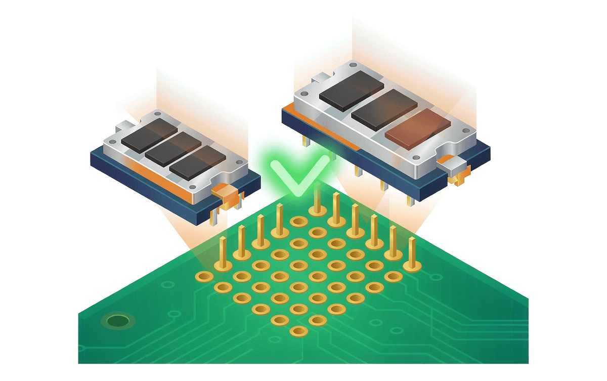 Old silicon module out, hybrid SiC module in, aligned to the same PCB footprint