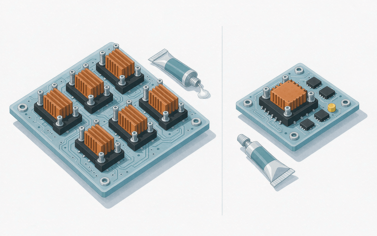 Six discrete transistors each with its own heatsink versus one compact module on a small heatsink