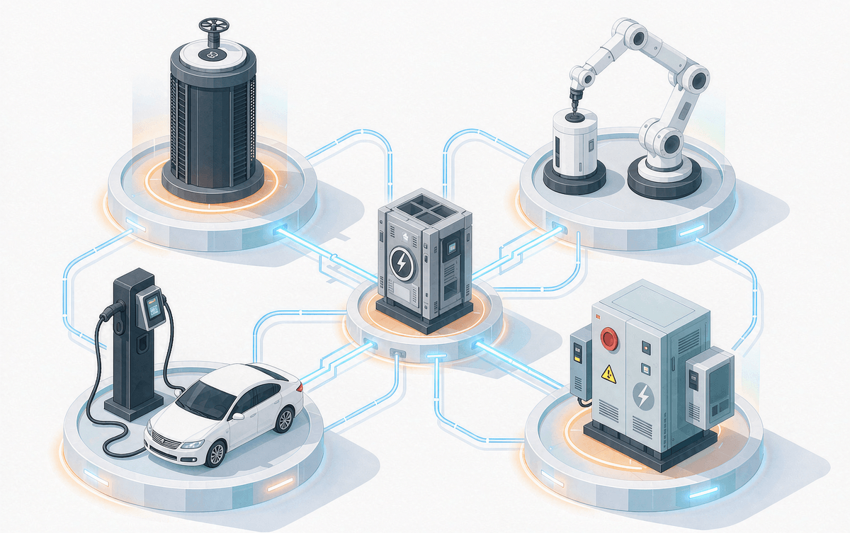 AC, servo robot, EV charger and solar inverter islands connected by power lines