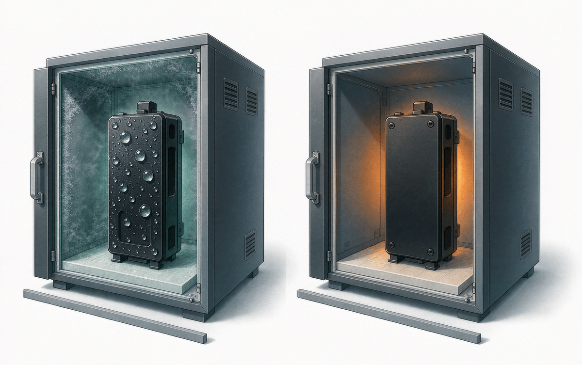 Cabinet before warm-up with droplets versus dry after warm-up