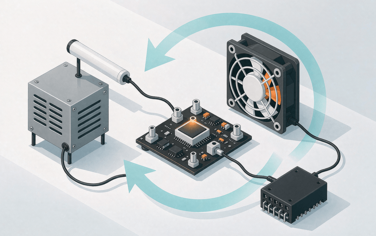 Closed-loop thermal control: sensor, control board and cooling fan