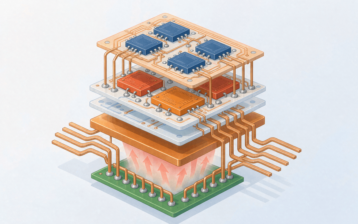 DIP 封装功率模块剖面:DBC 基板承载功率芯片、PCB 基板承载驱动 IC、铜框架引脚与散热气流