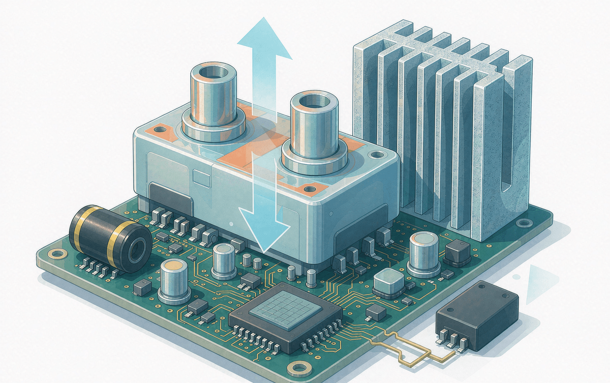 SHYSEMI power module on PCB with heatsink and bidirectional current flow arrows