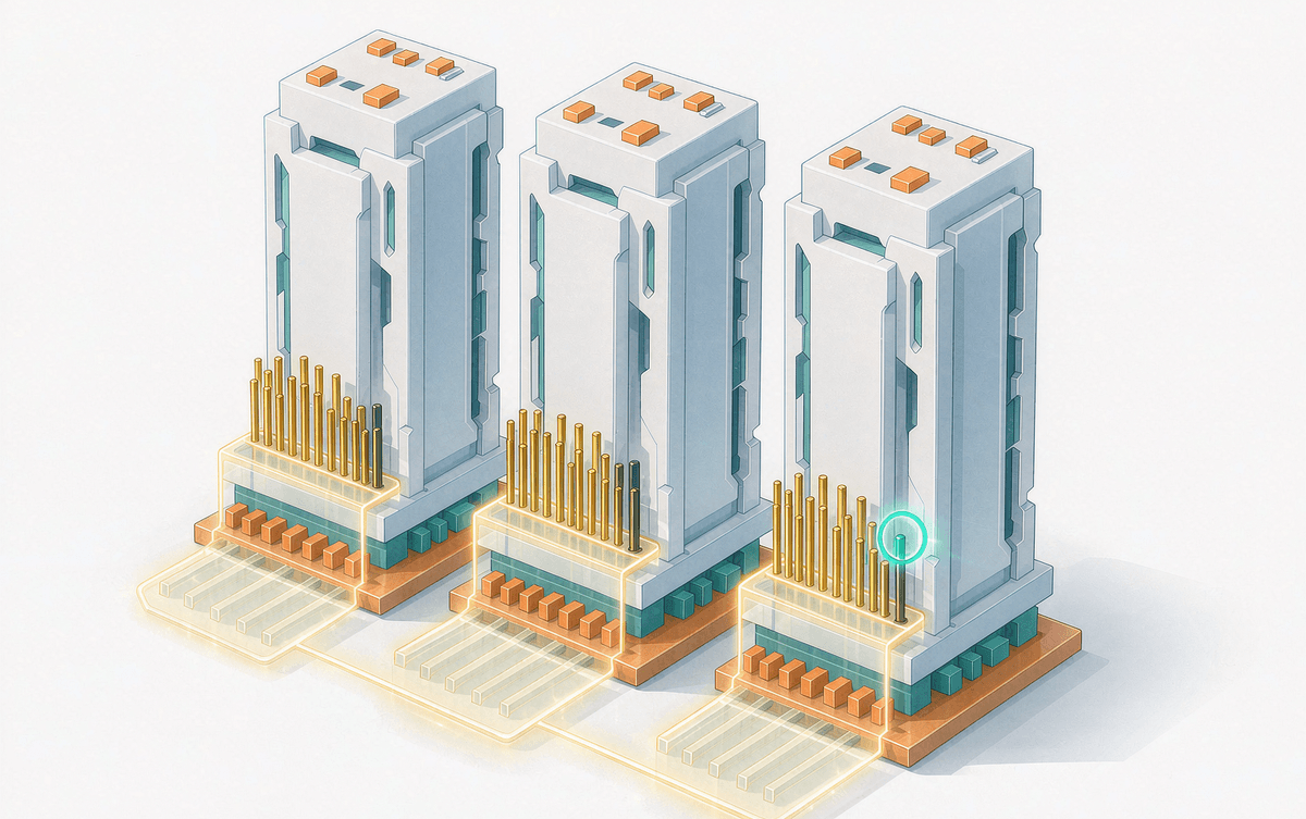 Three identical SIP IPM packages aligned to one PCB footprint, with one extra bus-sense pin highlighted