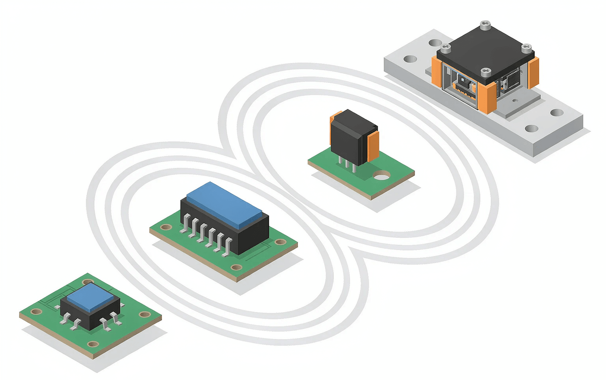 Four mounting styles: reflowed SMD on a PCB, DIP through-hole, vertical SIP along a board edge and a module screwed onto a heatsink