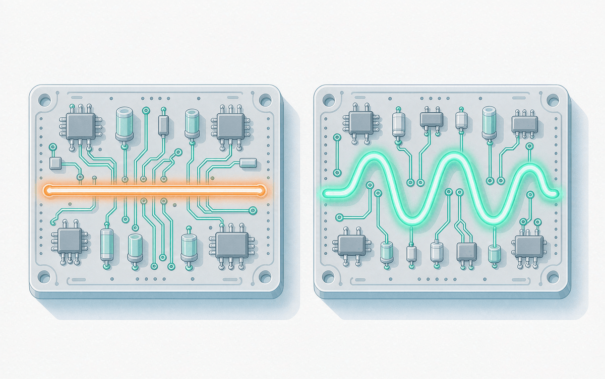 Two circuit boards with straight current trace and sine wave trace