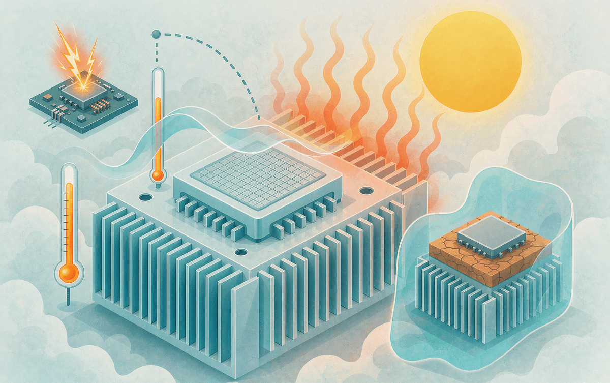 A power module overheating under the summer sun with derating curve and failure vignettes