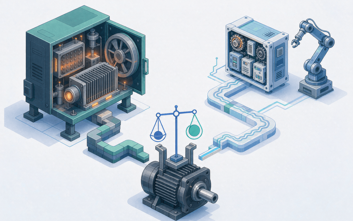 One motor with two diverging paths: a heavy IGBT cabinet and a compact precision SiC drive