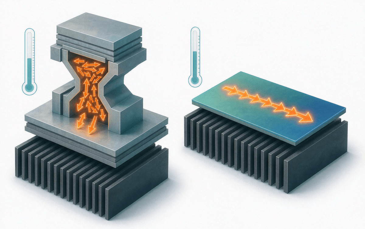 Cross-section of two heat paths: a constricted baseplate versus an insulated metal substrate spreading heat evenly