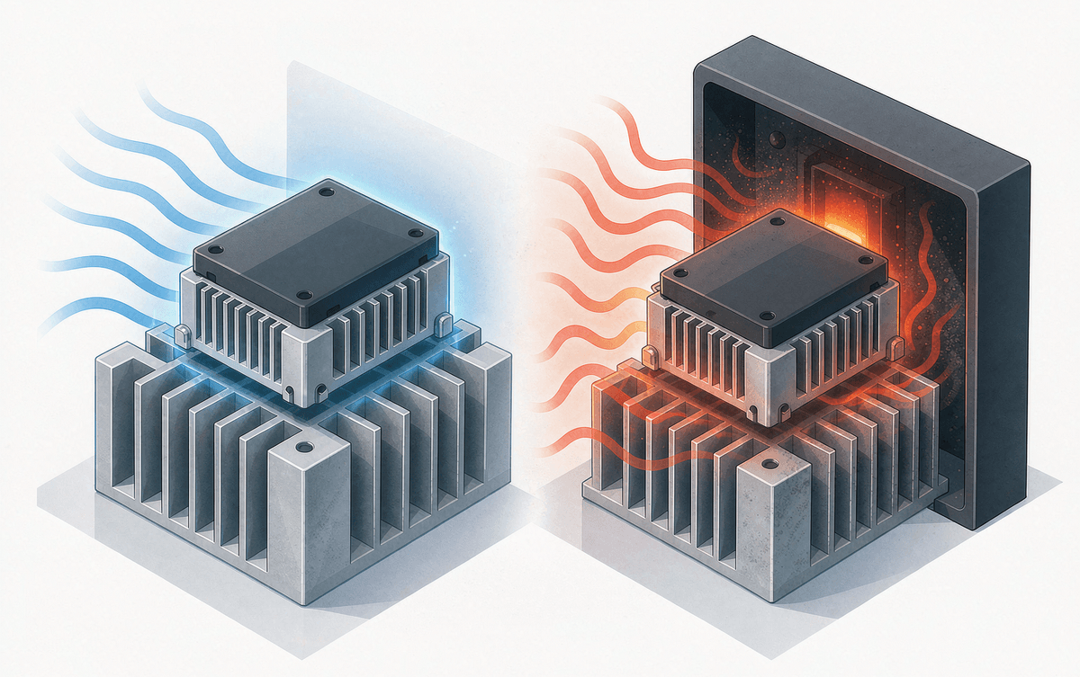 Comparison of a cool module on a clean heatsink versus heat accumulating in a blocked enclosure