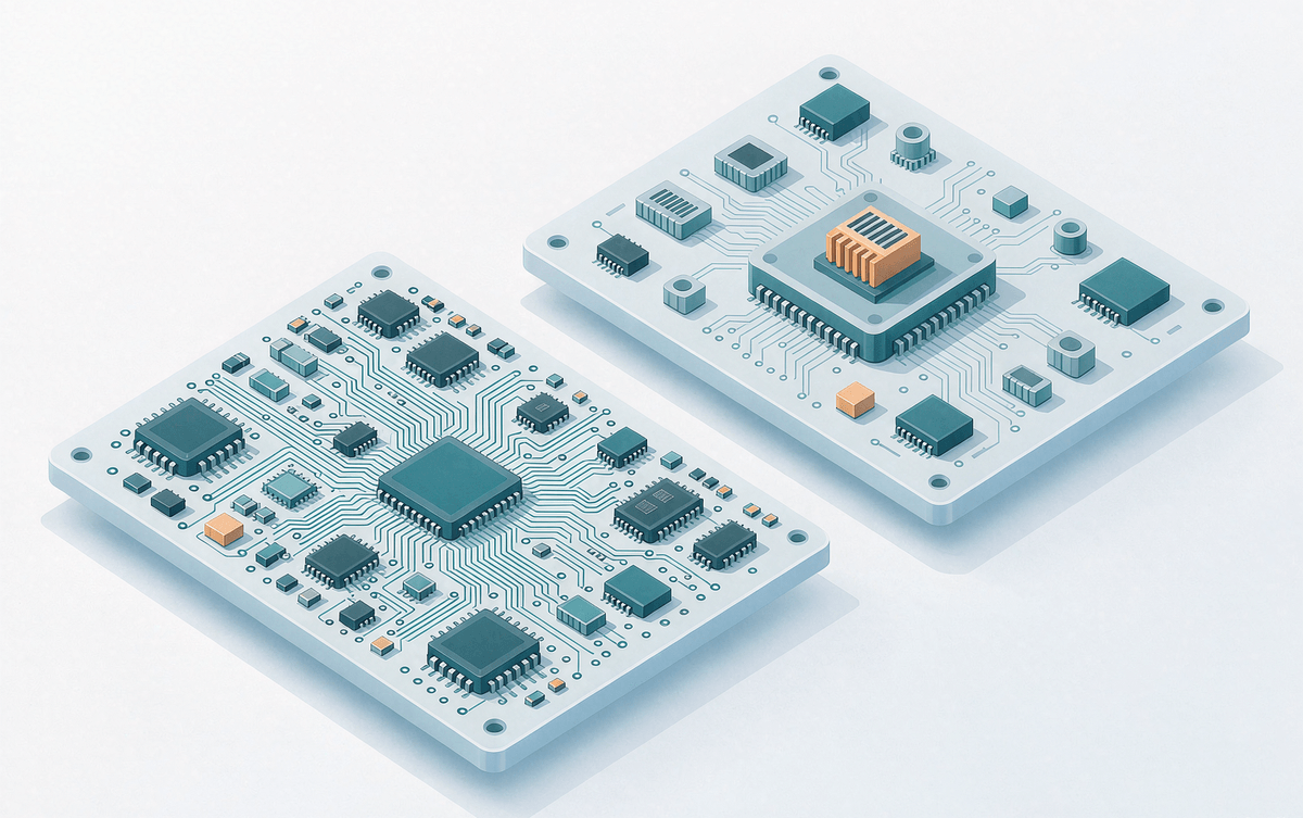A crowded discrete-component board next to a clean board with a single integrated power module