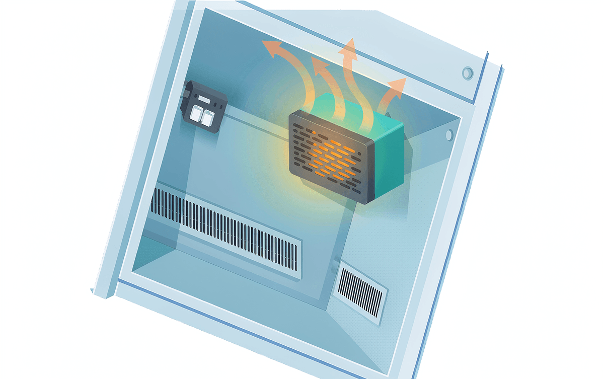 Cabinet interior with humidity sensor and anti-condensation fan heater