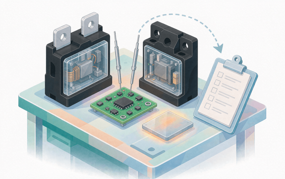 An IGBT module and a SiC module on a selection workbench with a double-pulse test board