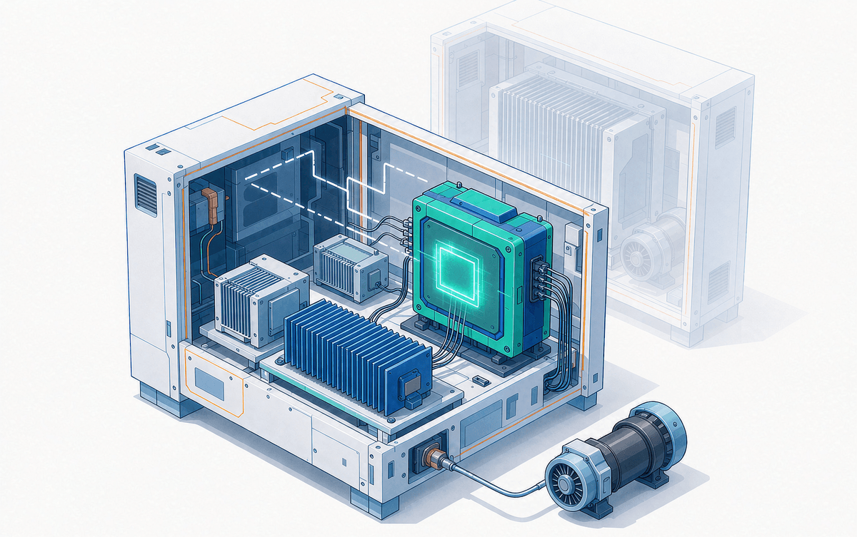 A compact SiC drive with a small filter and unshielded cable, beside a ghost of the old cabinet