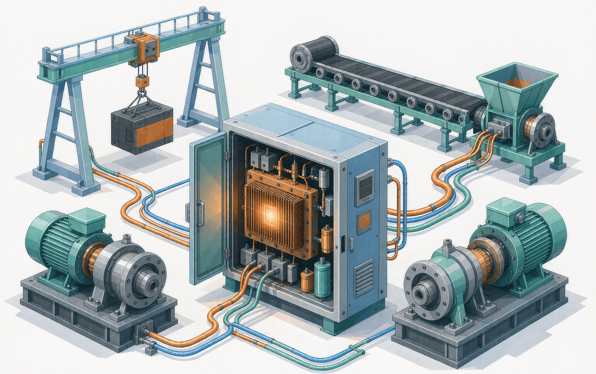 Crane, conveyor and pumps powered from a cabinet with a large IGBT module on a copper heatsink