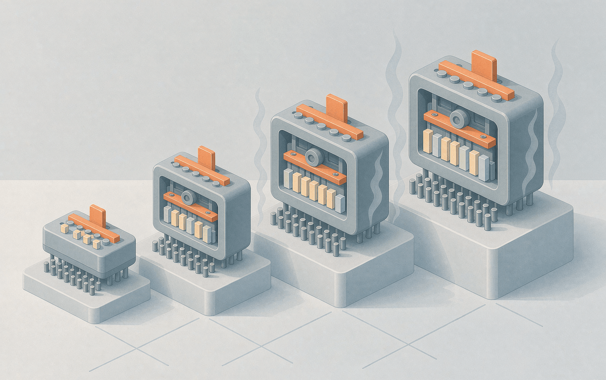 Four DIP-IPM packages of increasing size on stepped platforms with heat waves rising from the larger ones