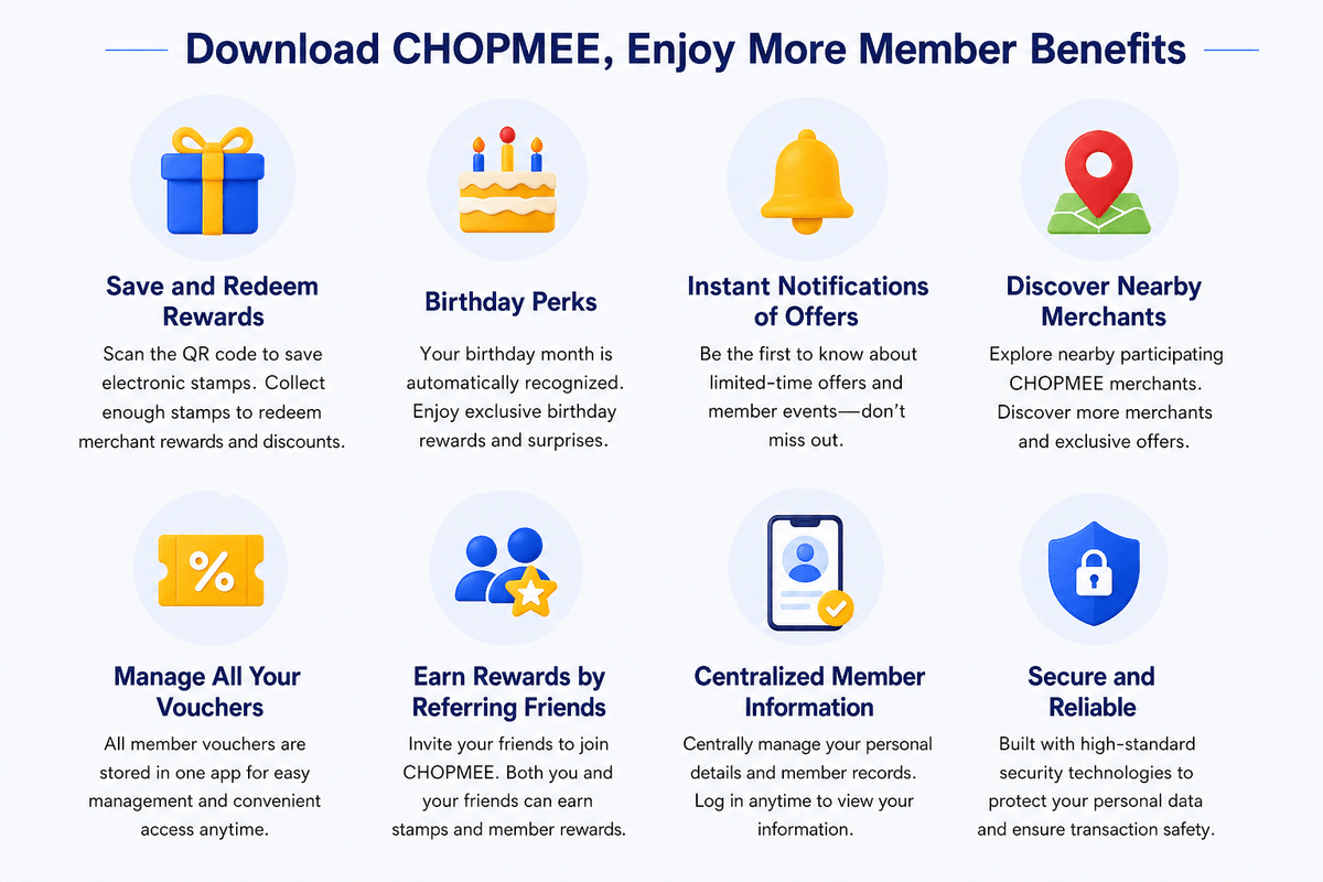 Download CHOPMEE and unlock a smarter loyalty rewards experience. Save digital stamps, redeem rewards, receive birthday perks, get instant promotional notifications, discover nearby merchants, manage vouchers in one app, earn referral rewards, and enjoy secure member account management. CHOPMEE helps customers access exclusive deals while supporting local businesses through a convenient digital membership platform. Download CHOPMEE and unlock a smarter loyalty rewards experience. Save digital stamps, redeem rewards, receive birthday perks, get instant promotional notifications, discover nearby merchants, manage vouchers in one app, earn referral rewards, and enjoy secure member account management. CHOPMEE helps customers access exclusive deals while supporting local businesses through a convenient digital membership platform.