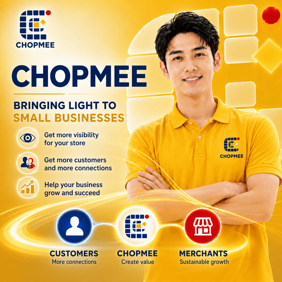CHOPMEE helps small and medium-sized businesses increase visibility, connect with more customers, and achieve sustainable growth. Through a smart digital loyalty and customer engagement platform, CHOPMEE bridges the gap between customers and merchants, creating long-term value, stronger relationships, and business success. Empower your store with customer retention, digital rewards, and data-driven marketing solutions. CHOPMEE helps small and medium-sized businesses increase visibility, connect with more customers, and achieve sustainable growth. Through a smart digital loyalty and customer engagement platform, CHOPMEE bridges the gap between customers and merchants, creating long-term value, stronger relationships, and business success. Empower your store with customer retention, digital rewards, and data-driven marketing solutions.