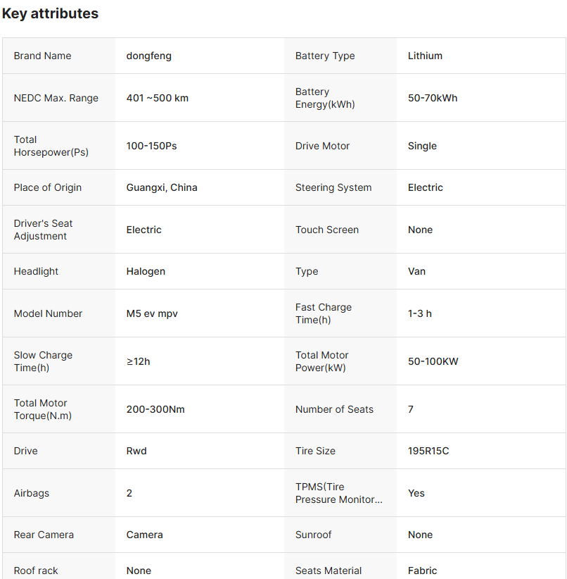 Dongfeng M5 MPV Electric Mini Car EEC Direct Manufacturer 401km Charge Mileage Lithium Camera-for Ca