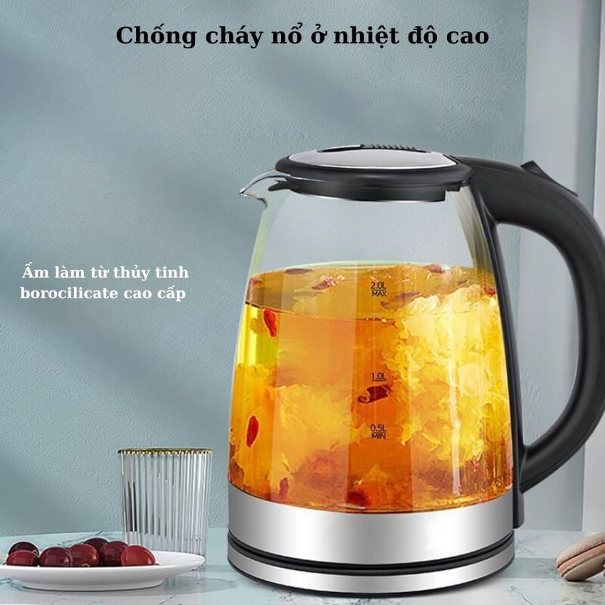 Ấm siêu tốc thủy tinh KAW ấm đun nước công suất lớn, dung tích 2L ,tự động ngắt