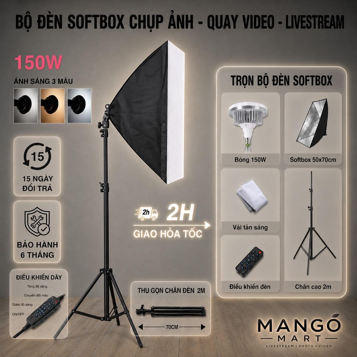 Bộ KIT Studio Chụp Ảnh Sản Phẩm Chân Đèn 2m Kèm Softbox 50x70 cm Hỗ Trợ Sáng, Quay Phim , Livestream