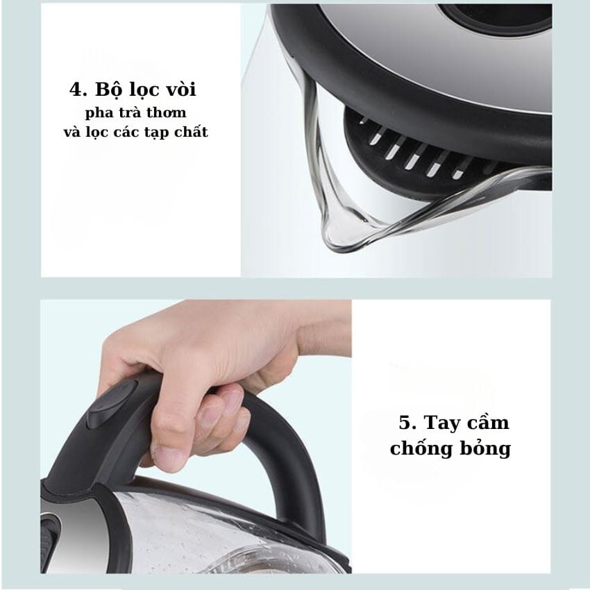 Ấm siêu tốc thủy tinh KAW ấm đun nước công suất lớn, dung tích 2L ,tự động ngắt