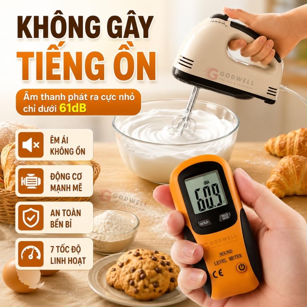 Máy Đánh Trứng Cầm Tay 7 Tốc Độ 180W Tặng 4 Đầu Khuấy Chắc Chắn - Tiện Dụng