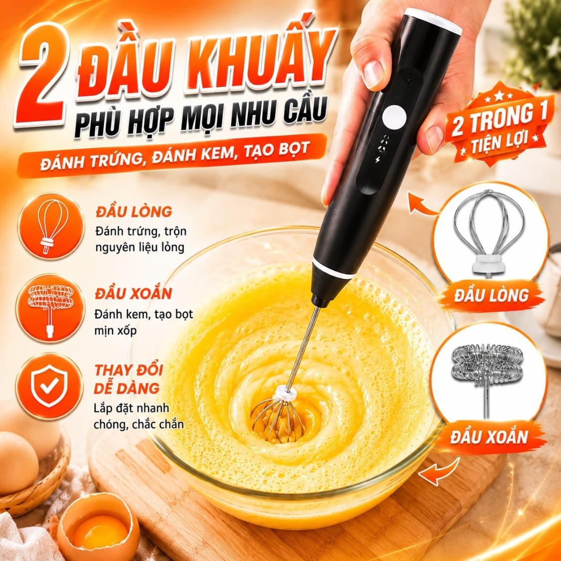 Máy Tạo Bọt Cà Phê, Máy Đánh Trứng Mini Cầm Tay Sạc Pin 3 Cấp Độ Tặng Kèm 2 Đầu Đánh Chuyên Dụng