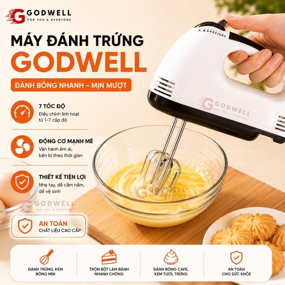 Máy Đánh Trứng Cầm Tay 7 Tốc Độ 180W Tặng 4 Đầu Khuấy Chắc Chắn - Tiện Dụng