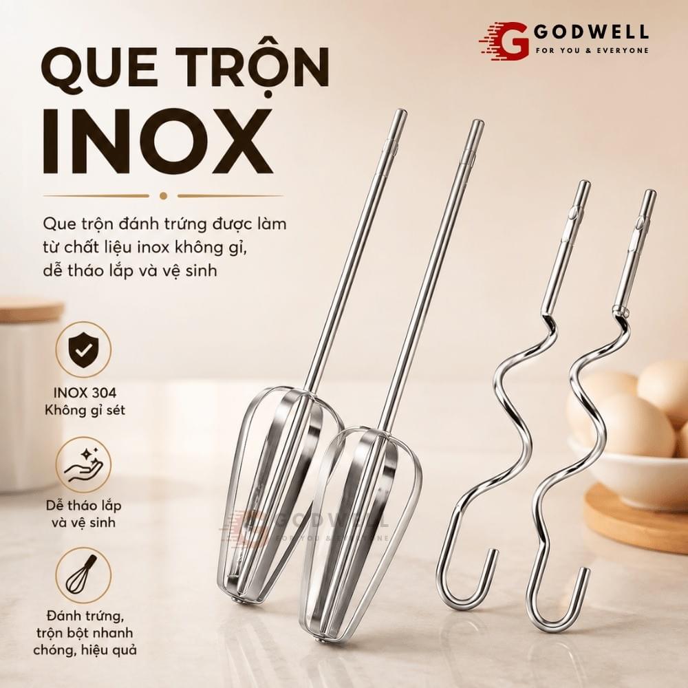 Máy Đánh Trứng Cầm Tay 7 Tốc Độ 180W Tặng 4 Đầu Khuấy Chắc Chắn - Tiện Dụng