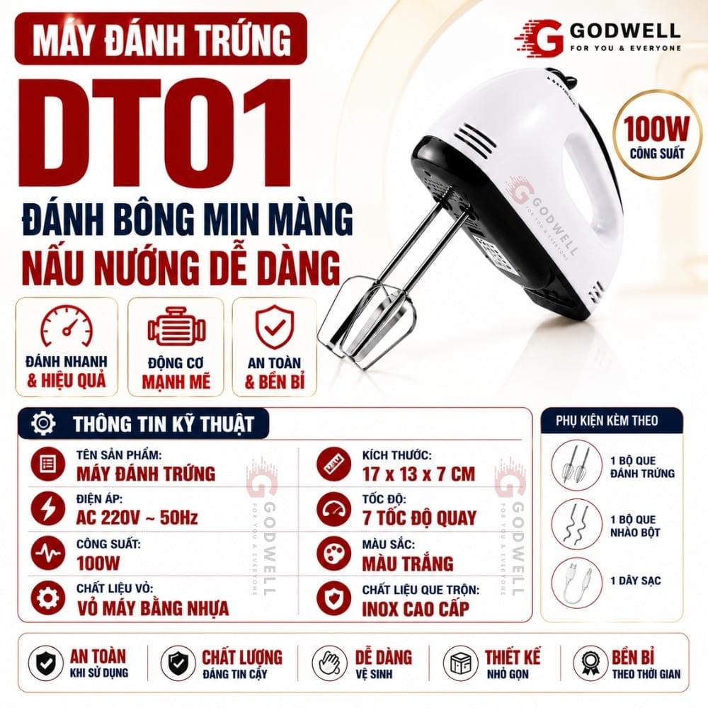 Máy Đánh Trứng Cầm Tay 7 Tốc Độ 180W Tặng 4 Đầu Khuấy Chắc Chắn - Tiện Dụng