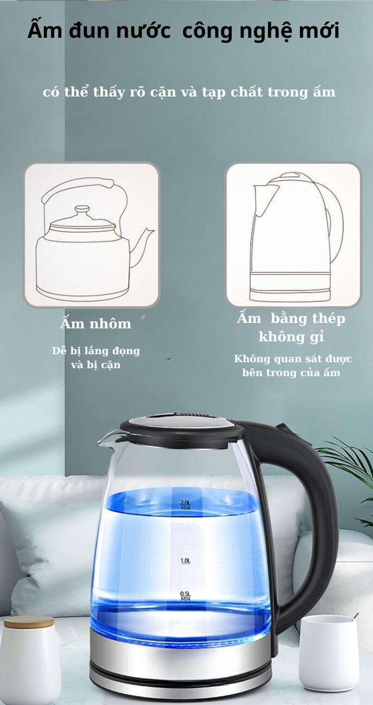 Ấm siêu tốc thủy tinh KAW ấm đun nước công suất lớn, dung tích 2L ,tự động ngắt
