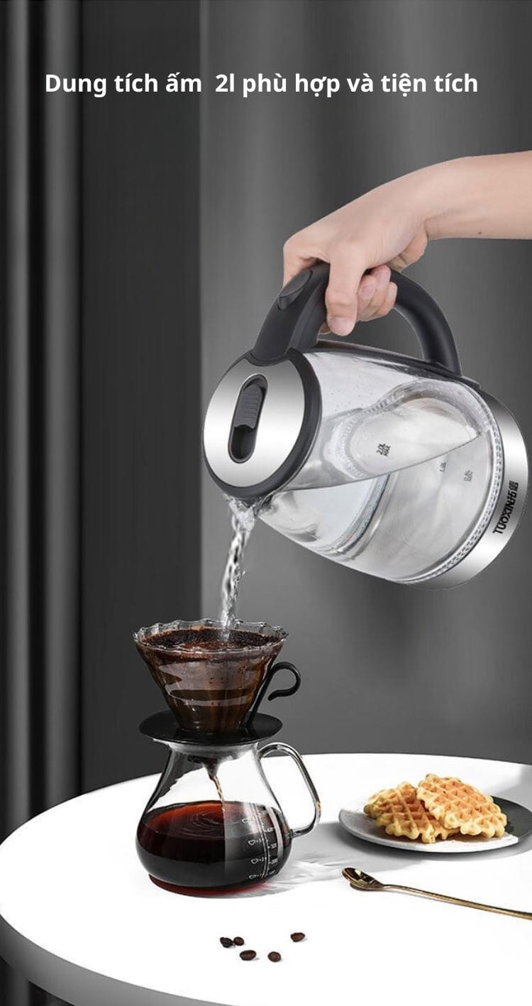 Ấm siêu tốc thủy tinh KAW ấm đun nước công suất lớn, dung tích 2L ,tự động ngắt