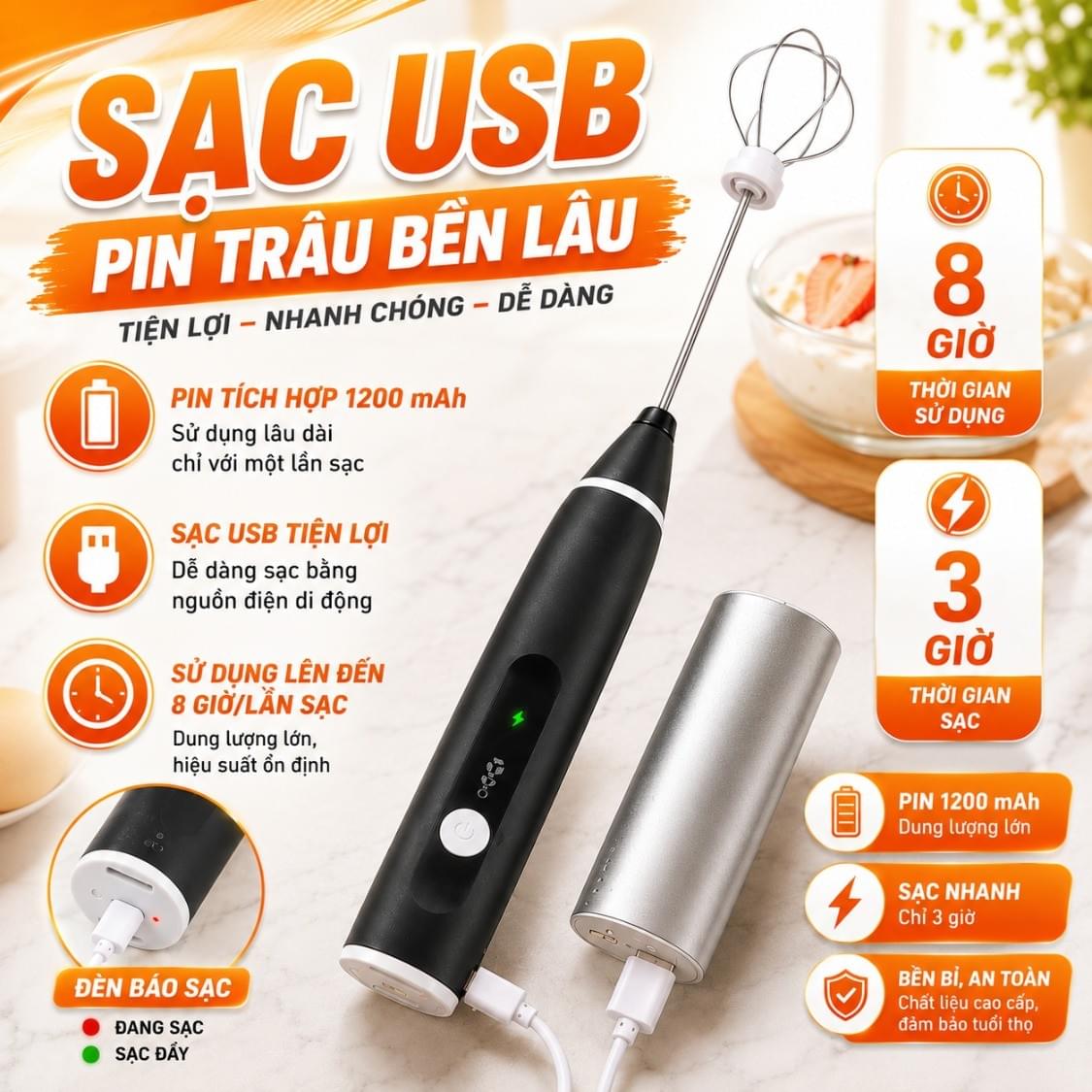Máy Tạo Bọt Cà Phê, Máy Đánh Trứng Mini Cầm Tay Sạc Pin 3 Cấp Độ Tặng Kèm 2 Đầu Đánh Chuyên Dụng