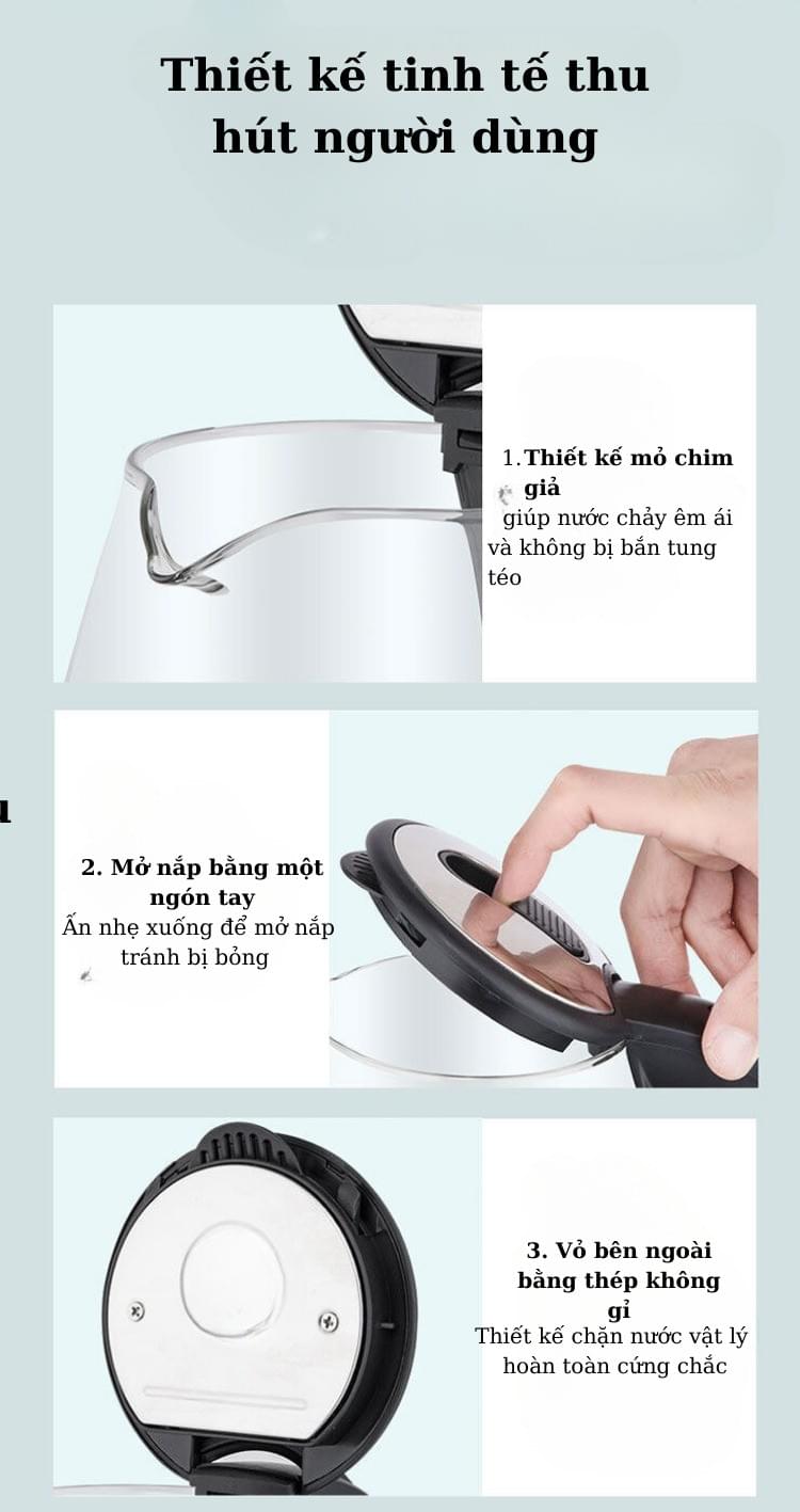 Ấm siêu tốc thủy tinh KAW ấm đun nước công suất lớn, dung tích 2L ,tự động ngắt