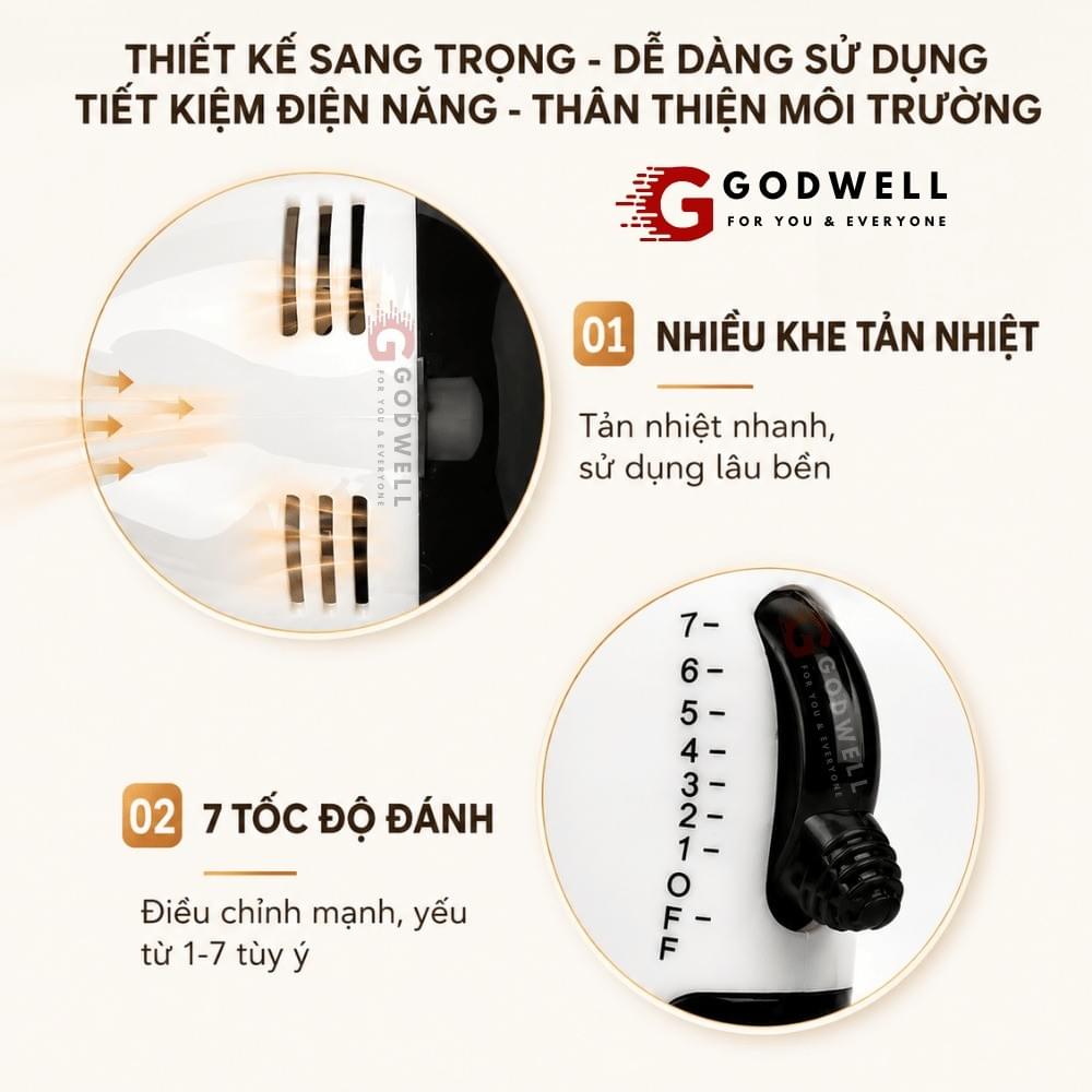 Máy Đánh Trứng Cầm Tay 7 Tốc Độ 180W Tặng 4 Đầu Khuấy Chắc Chắn - Tiện Dụng