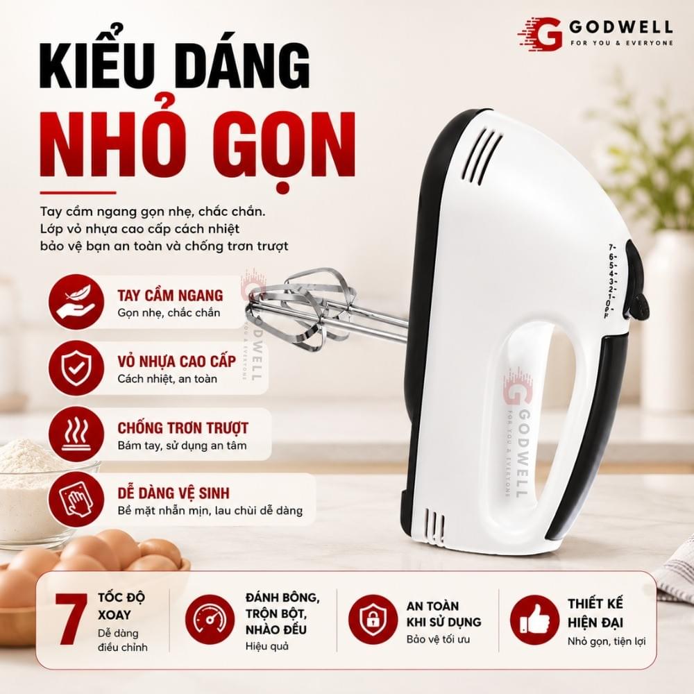 Máy Đánh Trứng Cầm Tay 7 Tốc Độ 180W Tặng 4 Đầu Khuấy Chắc Chắn - Tiện Dụng