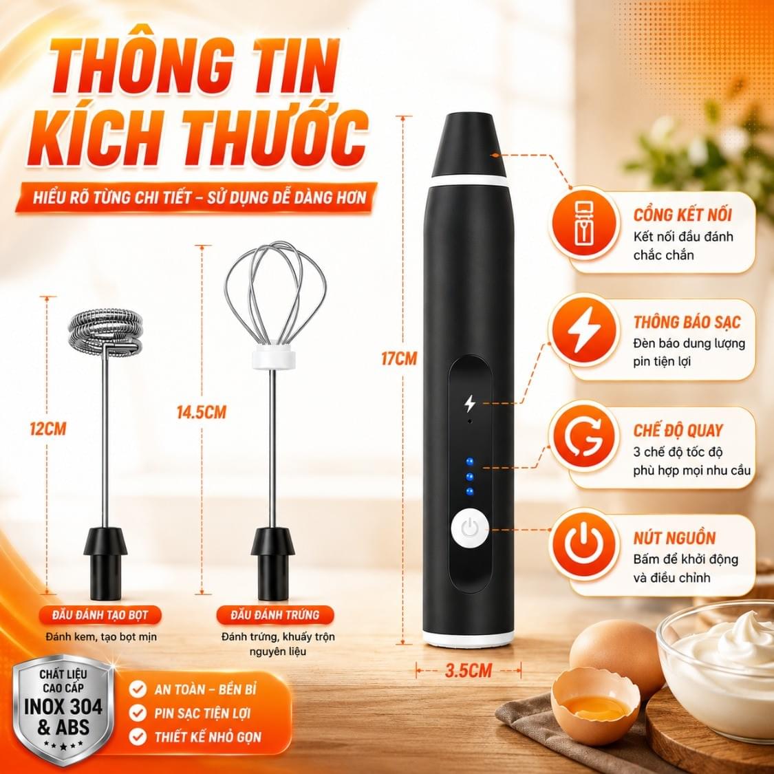 Máy Tạo Bọt Cà Phê, Máy Đánh Trứng Mini Cầm Tay Sạc Pin 3 Cấp Độ Tặng Kèm 2 Đầu Đánh Chuyên Dụng