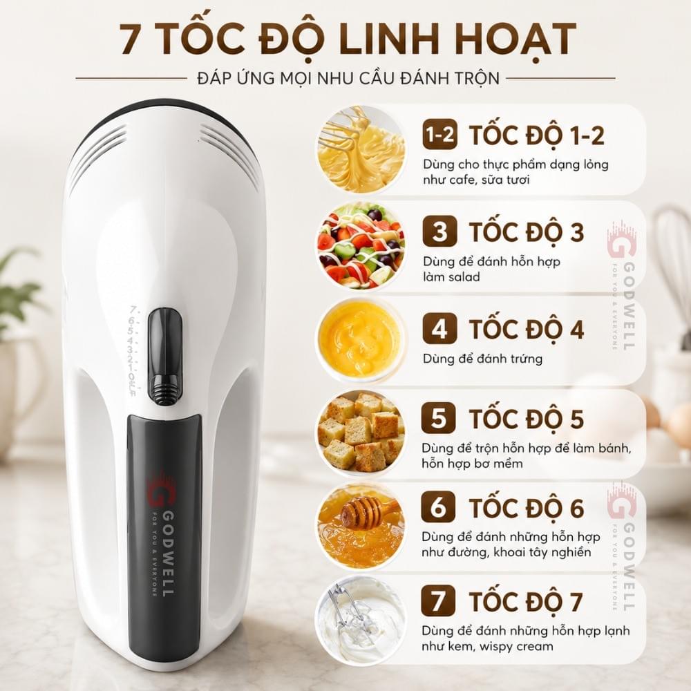 Máy Đánh Trứng Cầm Tay 7 Tốc Độ 180W Tặng 4 Đầu Khuấy Chắc Chắn - Tiện Dụng