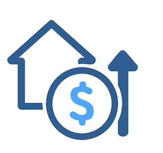 費用や資産価値を表すアイコン。家のシンボルとコイン、上向きの矢印が描かれている。 費用や資産価値を表すアイコン。家のシンボルとコイン、上向きの矢印が描かれている。