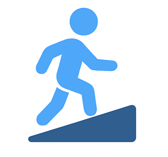 段差やスロープを上って移動する人物のピクトグラム。施設内外の高低差を示している。 段差やスロープを上って移動する人物のピクトグラム。施設内外の高低差を示している。