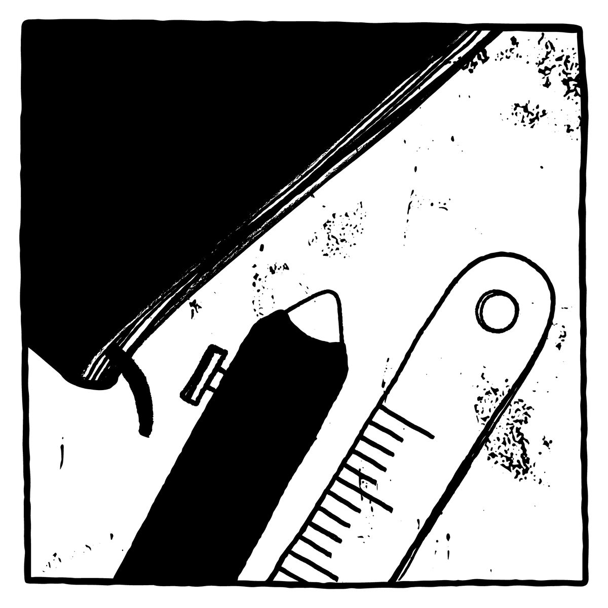 B&W illustration of notebook corner, end of mechanical pencil, and end of ruler cropped by a box frame. B&W illustration of notebook corner, end of mechanical pencil, and end of ruler cropped by a box frame.