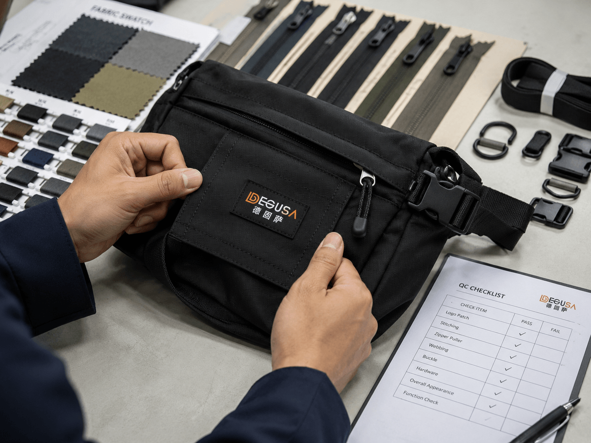 Checking logo stitching zipper and hardware details on a custom bag Checking logo stitching zipper and hardware details on a custom bag