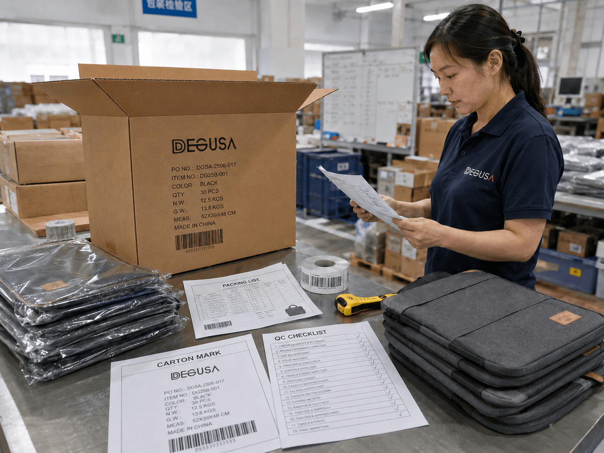 Final packing and carton mark review for custom bag orders Final packing and carton mark review for custom bag orders