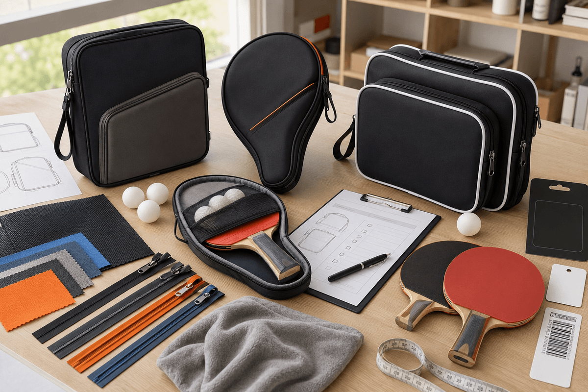 Single-layer and double-layer table tennis racket bag samples on a custom bag development workspace Single-layer and double-layer table tennis racket bag samples on a custom bag development workspace