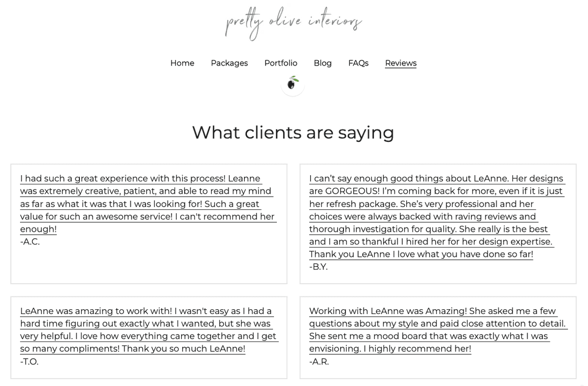 Sección de comentarios de clientes de Pretty Olive Interior Sección de comentarios de clientes de Pretty Olive Interior