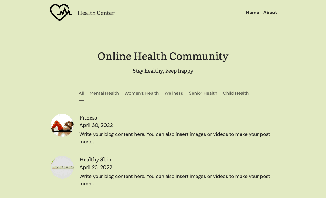 Plantilla de blog del centro de salud de Strikingly Plantilla de blog del centro de salud de Strikingly