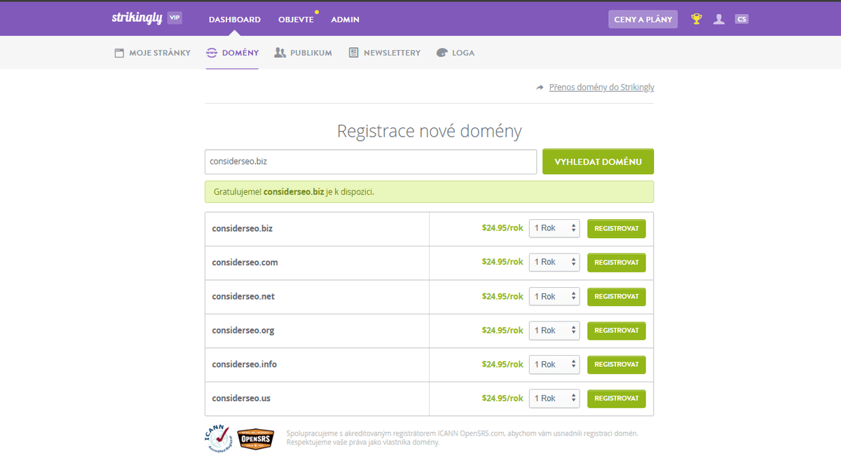 Stránka pro registraci domény na Strikingly Stránka pro registraci domény na Strikingly