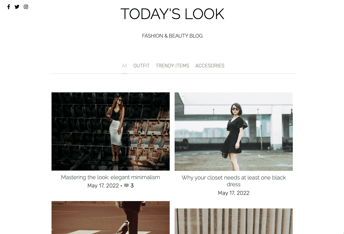 Šablona blogu Today's Look od Strikingly Šablona blogu Today's Look od Strikingly